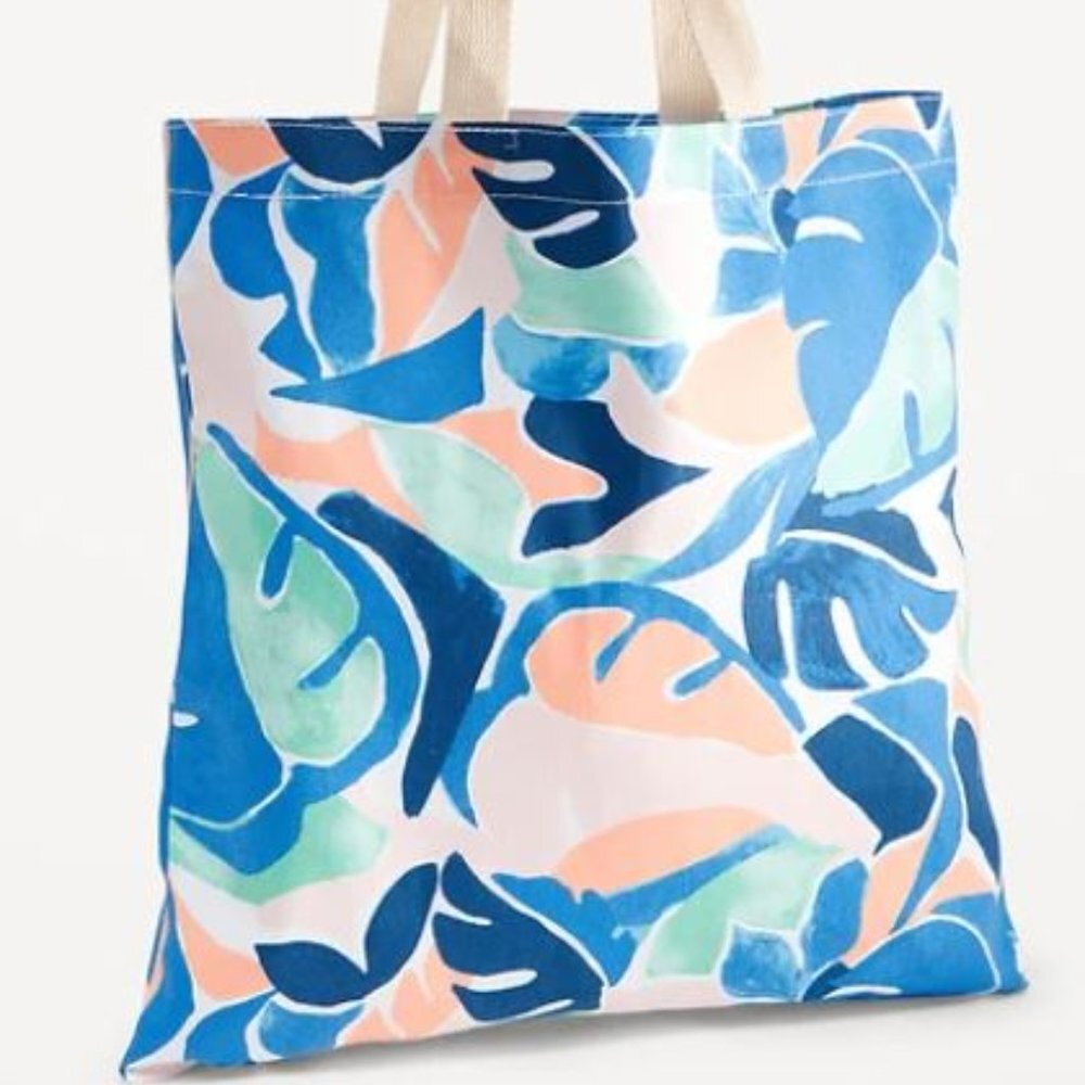 Printed Canvas Tote Bag, Blue Palm Print